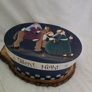 Christmas hand painted 1990s wooden cheese wheel with nativity scene.